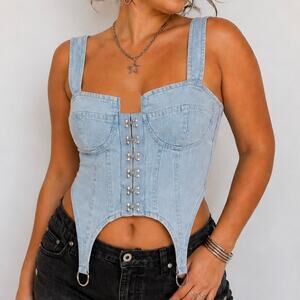 Thrill Jeans Y2K Denim Corset Hook Eye Tank Top Grunge Festival M